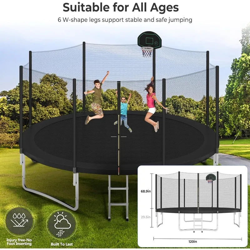 Trampoline Outdoor, Large Kids Trampoline with Light, Stakes, Sprinkler