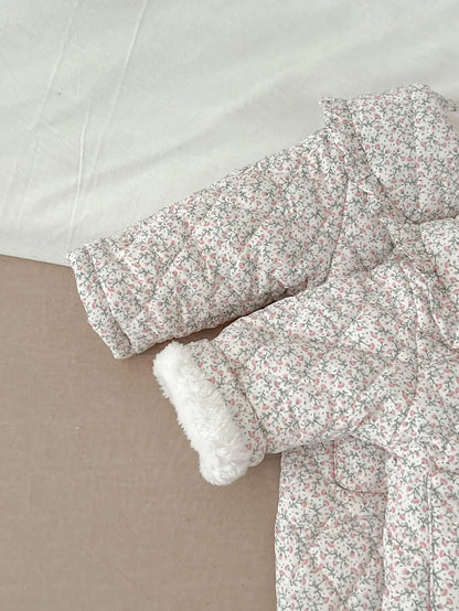 Winter New Baby Girl Warm Coat Cotton Infant Large Lapel Floral Padded Jacket Plus Velvet Thick Kids Cardigan