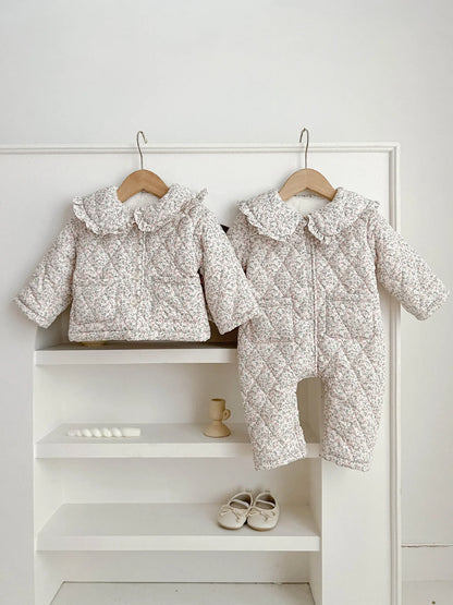 Winter New Baby Girl Warm Coat Cotton Infant Large Lapel Floral Padded Jacket Plus Velvet Thick Kids Cardigan