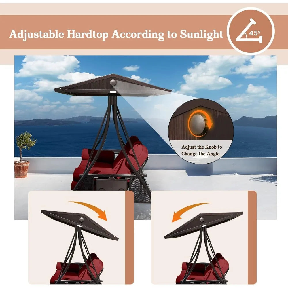 Outdoor Porch Swing with Polycarbonate Hardtop, 3 Seat Patio Swing with Convertible Backrest, 2 Side Cup Holder, Thickened Cush