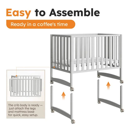 6-in-1 Convertible Mini Crib With Removable Wheels & Mattress, 4 Adjustable Heights, White