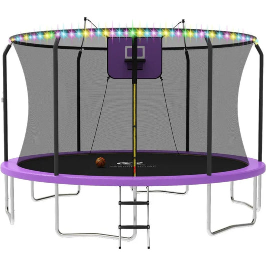 Trampoline 8FT-14FT Trampoline with Basketball Hoop and LED Lights Outdoor fun for whole family