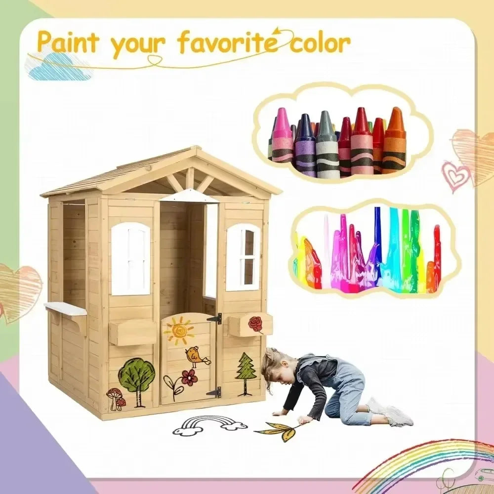 Playhouse for Age 3-6 Years Wood Cottage w/Mailbox Bench Door Windows Flowerpot Holders