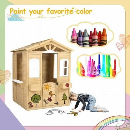 Playhouse for Age 3-6 Years Wood Cottage w/Mailbox Bench Door Windows Flowerpot Holders