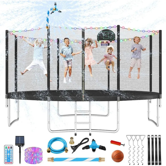 Trampoline Outdoor, Large Kids Trampoline with Light, Stakes, Sprinkler