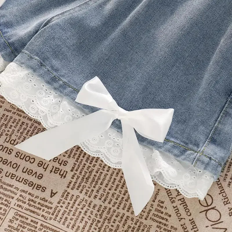 Blue High Waist Denim Shorts with lace for Women
