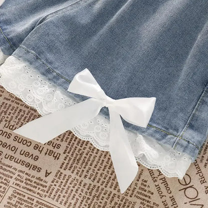 Blue High Waist Denim Shorts with lace for Women