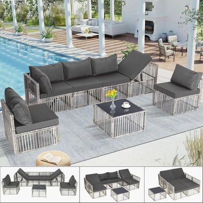 7 Pieces, Wicker Outdoor Sectional Conversation Couch with Adjustable Backrest Sofa.
