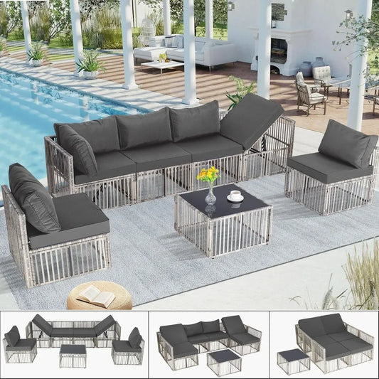 7 Pieces, Wicker Outdoor Sectional Conversation Couch with Adjustable Backrest Sofa.