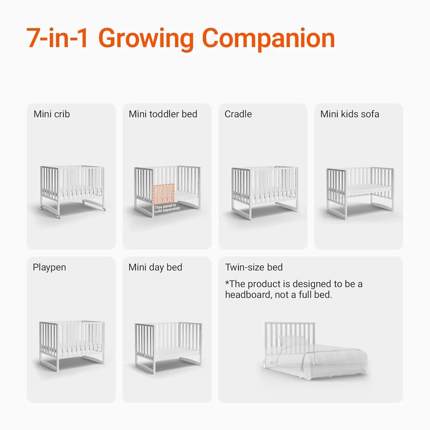 6-in-1 Convertible Mini Crib With Removable Wheels & Mattress, 4 Adjustable Heights, White