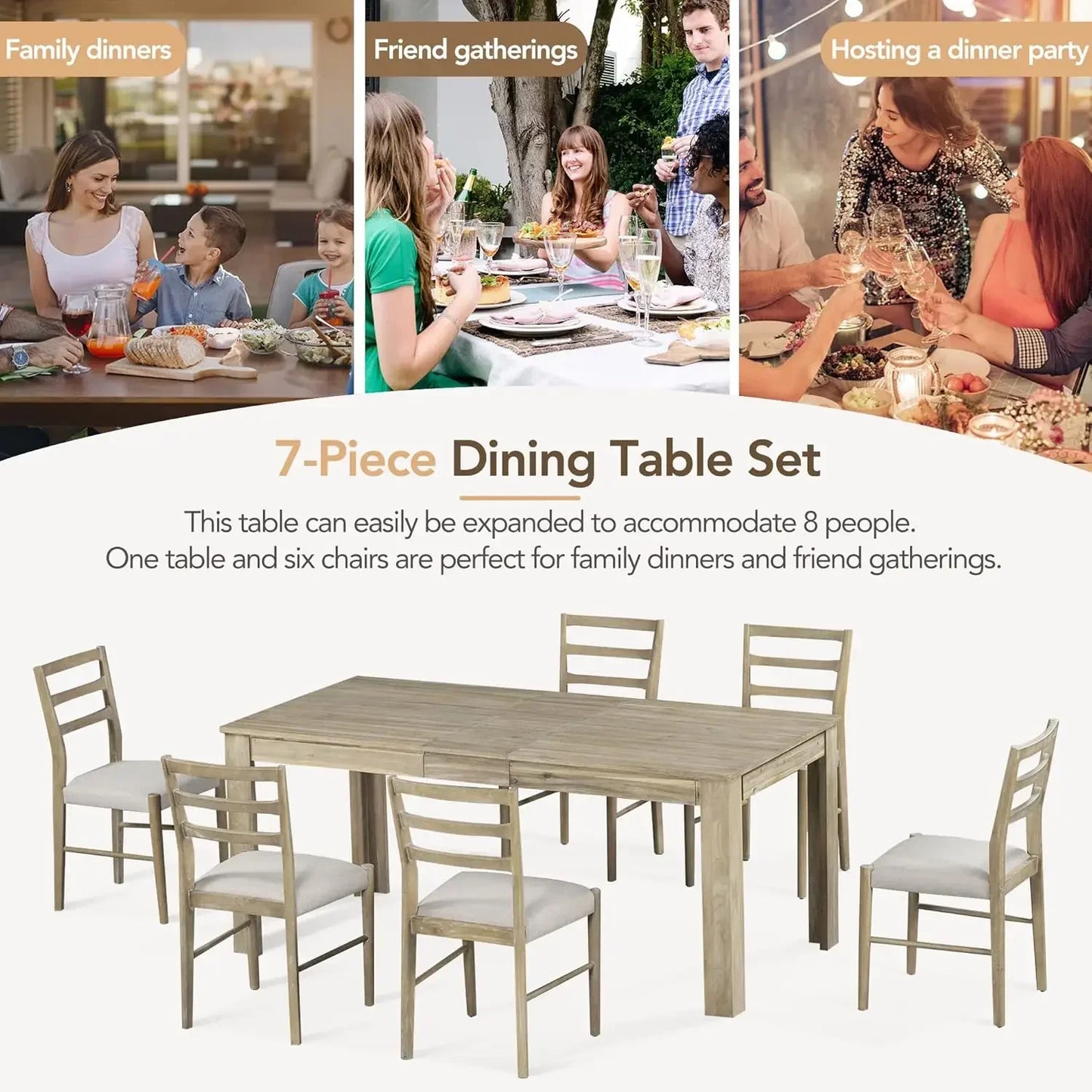 7-Piece Kitchen Dining Table Set for 6, Wood Kitchen Table and 6 Upholstered Chairs with Backrest