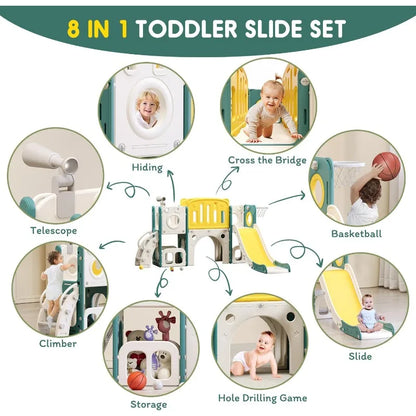 8 in 1 Toddler Slide Set, Toddler Climber Slide PlaySet with Basketball Hoop,Outdoor Indoor Playground