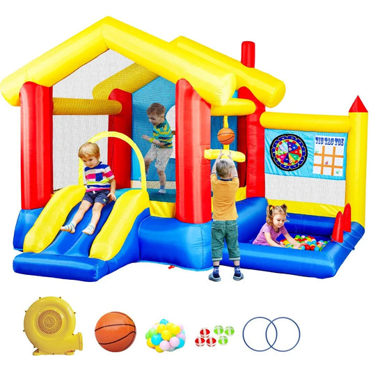 8 in 1 Inflatable Bounce House with Blower Basketball Hoop Ocean Balls Ring-toss Game