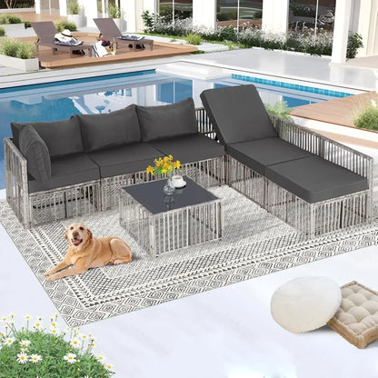 7 Pieces, Wicker Outdoor Sectional Conversation Couch with Adjustable Backrest Sofa.