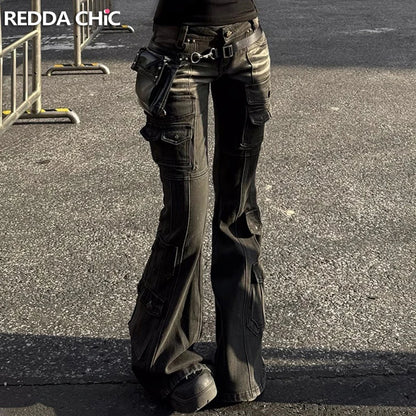Black Low Waist Cargo Jeans Multi-pocket Stretch Bootcut Pants Women