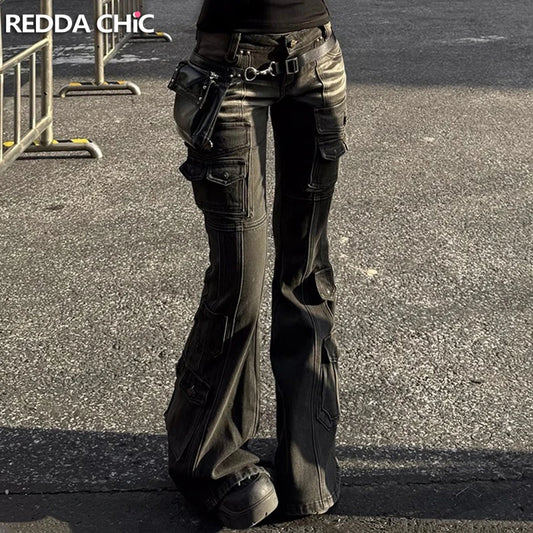 Black Low Waist Cargo Jeans Multi-pocket Stretch Bootcut Pants Women