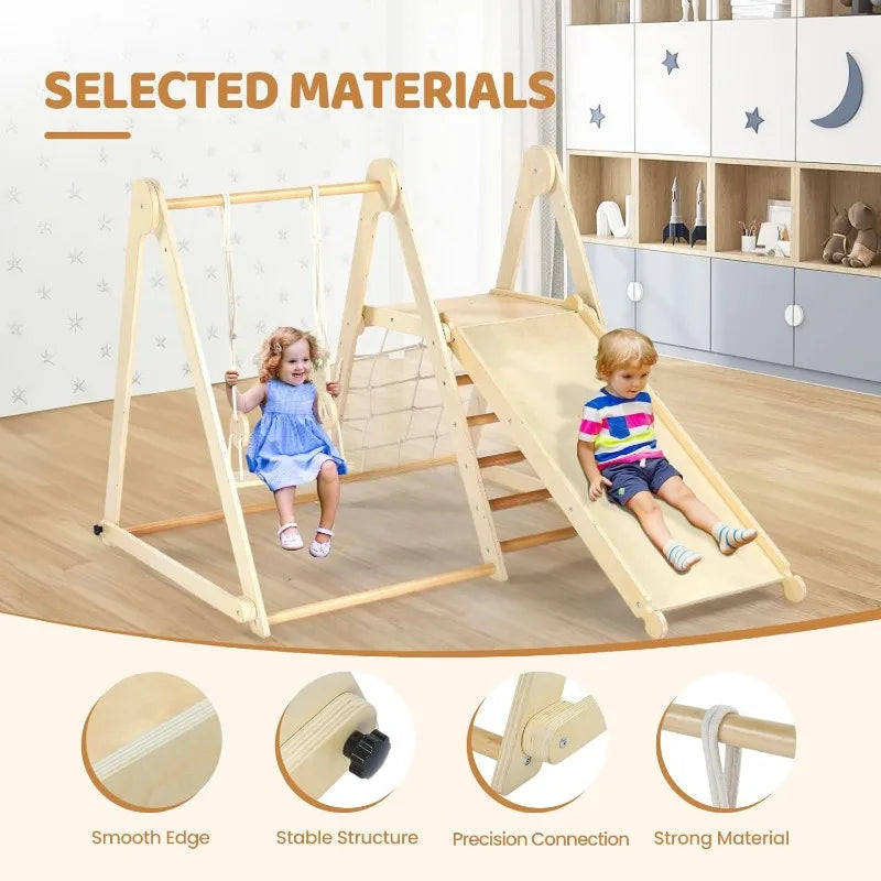 7-in-1 Indoor Jungle Gym, Climbing Set with Adjustable Swing & Secret Base Playground, for Toddlers with Net, Ladder