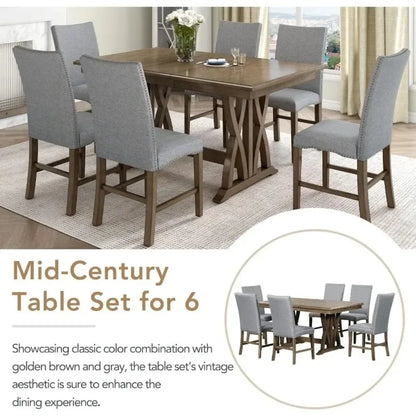7-Piece Kitchen Dining Table Set for 6, Wood Kitchen Table and 6 Upholstered Chairs with Backrest