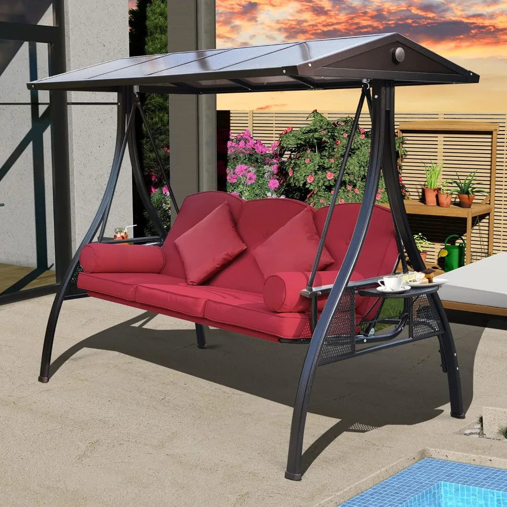 Outdoor Porch Swing with Polycarbonate Hardtop, 3 Seat Patio Swing with Convertible Backrest, 2 Side Cup Holder, Thickened Cush