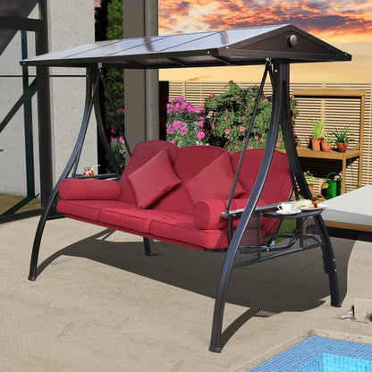 Outdoor Porch Swing with Polycarbonate Hardtop, 3 Seat Patio Swing with Convertible Backrest, 2 Side Cup Holder, Thickened Cush