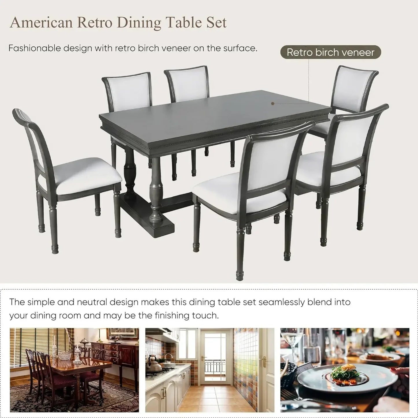 7-Piece Kitchen Dining Table Set for 6, Wood Kitchen Table and 6 Upholstered Chairs with Backrest