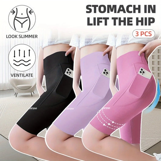 3PC Set Sports Wear Pockets High Waist Lady Yoga Pants Athletic