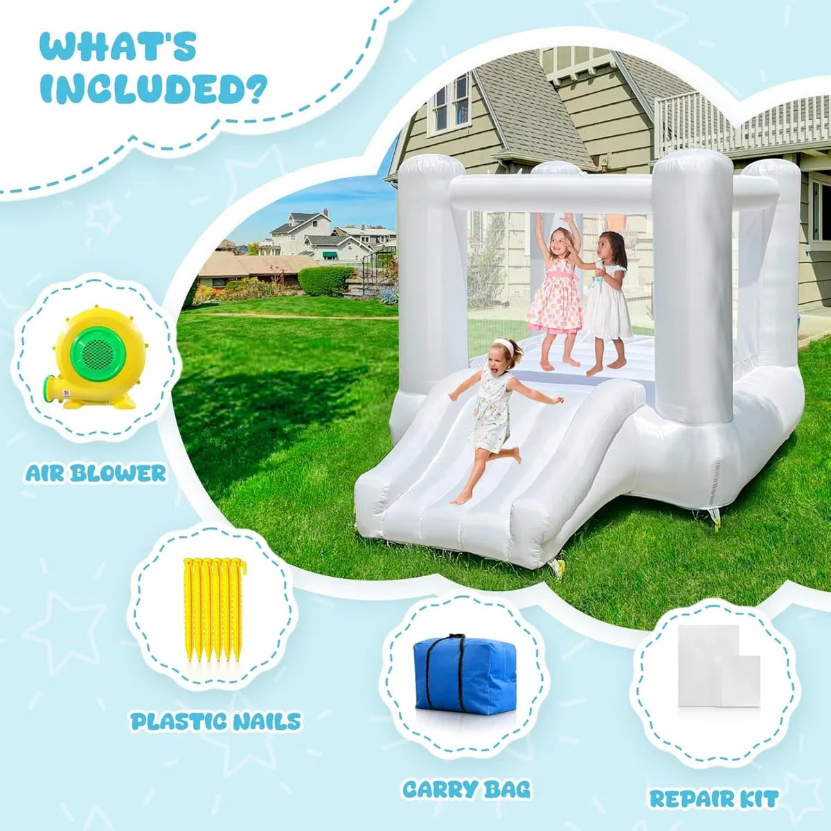 Mini White Jumping Castle For Kids Birthday Party Decoration Inflatable Bouncy Castle Outdoor With Slide Blower