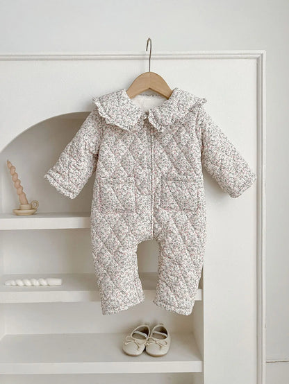 Winter New Baby Girl Warm Coat Cotton Infant Large Lapel Floral Padded Jacket Plus Velvet Thick Kids Cardigan