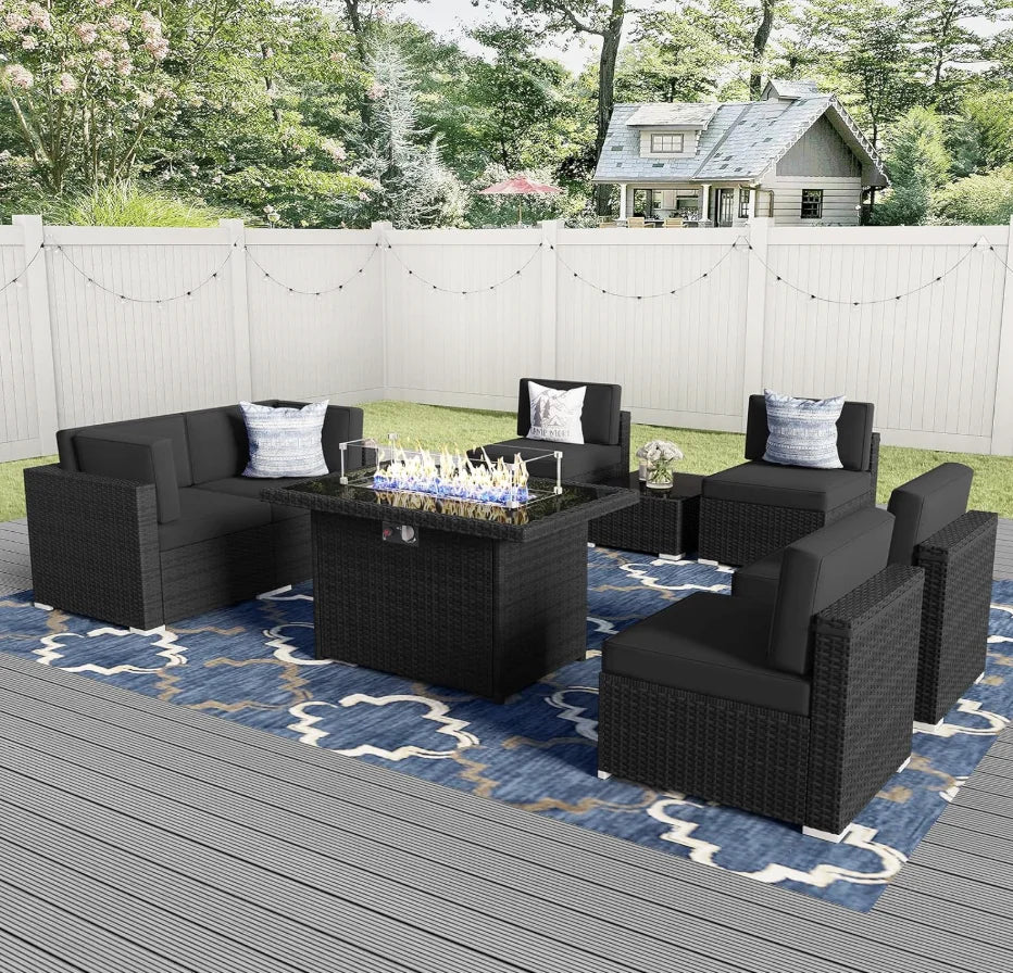 8 Pieces Patio Furniture Set with 44" Propane Gas Fire Pit Table, Outdoor Sectional Wicker Conversation Sofa Sets with Coffee Table