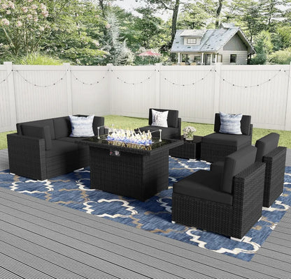 8 Pieces Patio Furniture Set with 44" Propane Gas Fire Pit Table, Outdoor Sectional Wicker Conversation Sofa Sets with Coffee Table