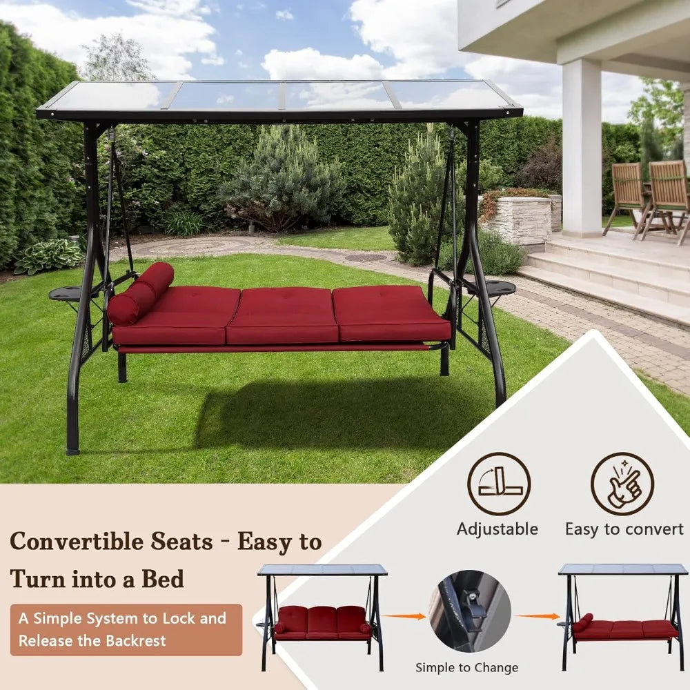 Outdoor Porch Swing with Polycarbonate Hardtop, 3 Seat Patio Swing with Convertible Backrest, 2 Side Cup Holder, Thickened Cush