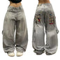 Multi Pocket  Jeans Women Casual Straight Wide-leg Pants Couple Jeans