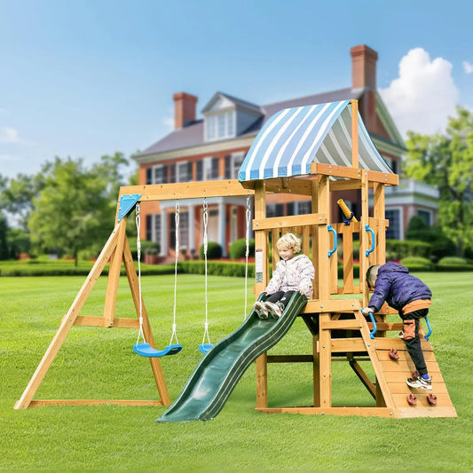 Wooden Swing Set with Dual Swings Slide Rock Climbing Wall Chalkboard Telescope Fort, Backyard Fun for Kids