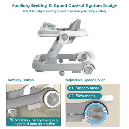 Push Walker with Detachable Feeding and Music Trays, Foldable Learning Toys, 2 In 1 Walker