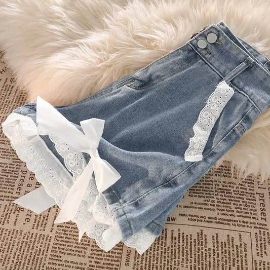 Blue High Waist Denim Shorts with lace for Women