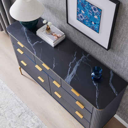 Fluted 7 Drawers Dresser for Bedroom, 54" Wide Modern Dresser TV Stand, Gold Accents, Fluted Fronts, Wood Storage Dressers