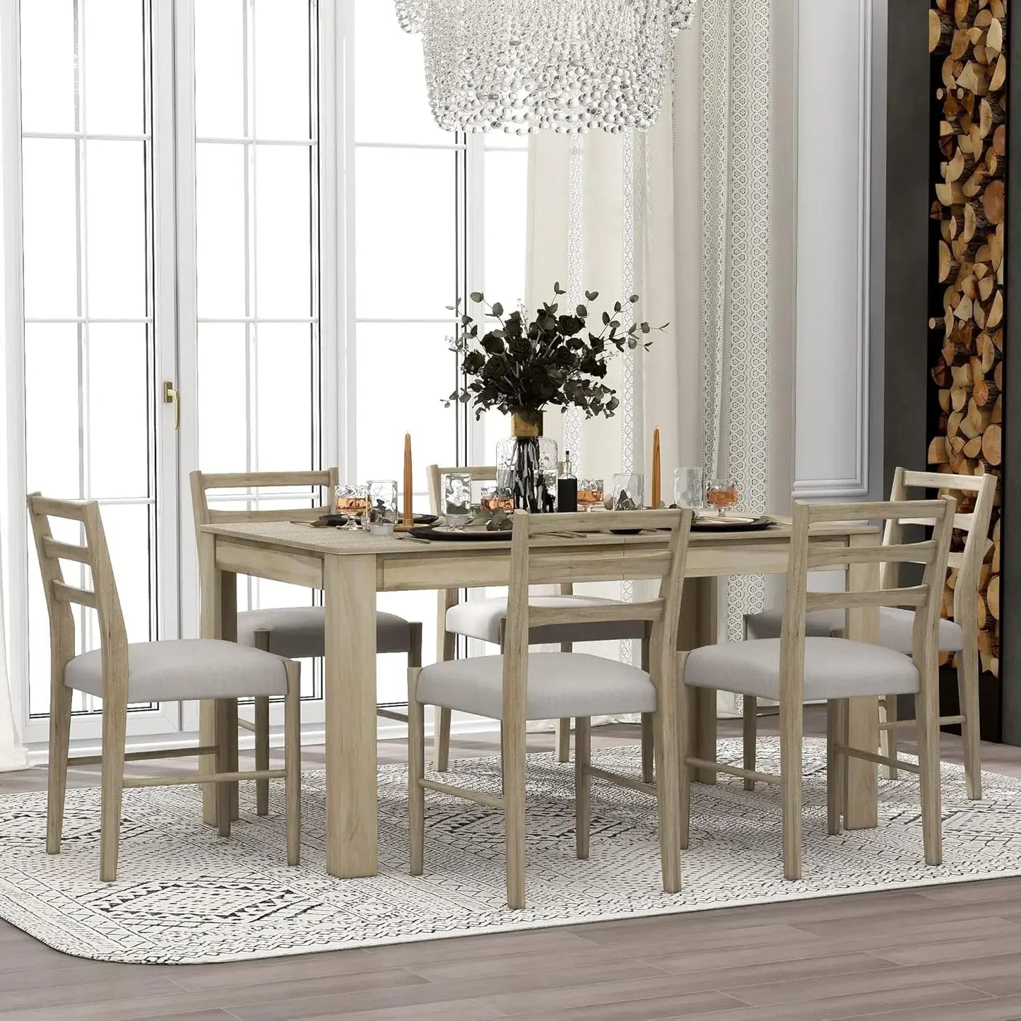 7-Piece Kitchen Dining Table Set for 6, Wood Kitchen Table and 6 Upholstered Chairs with Backrest