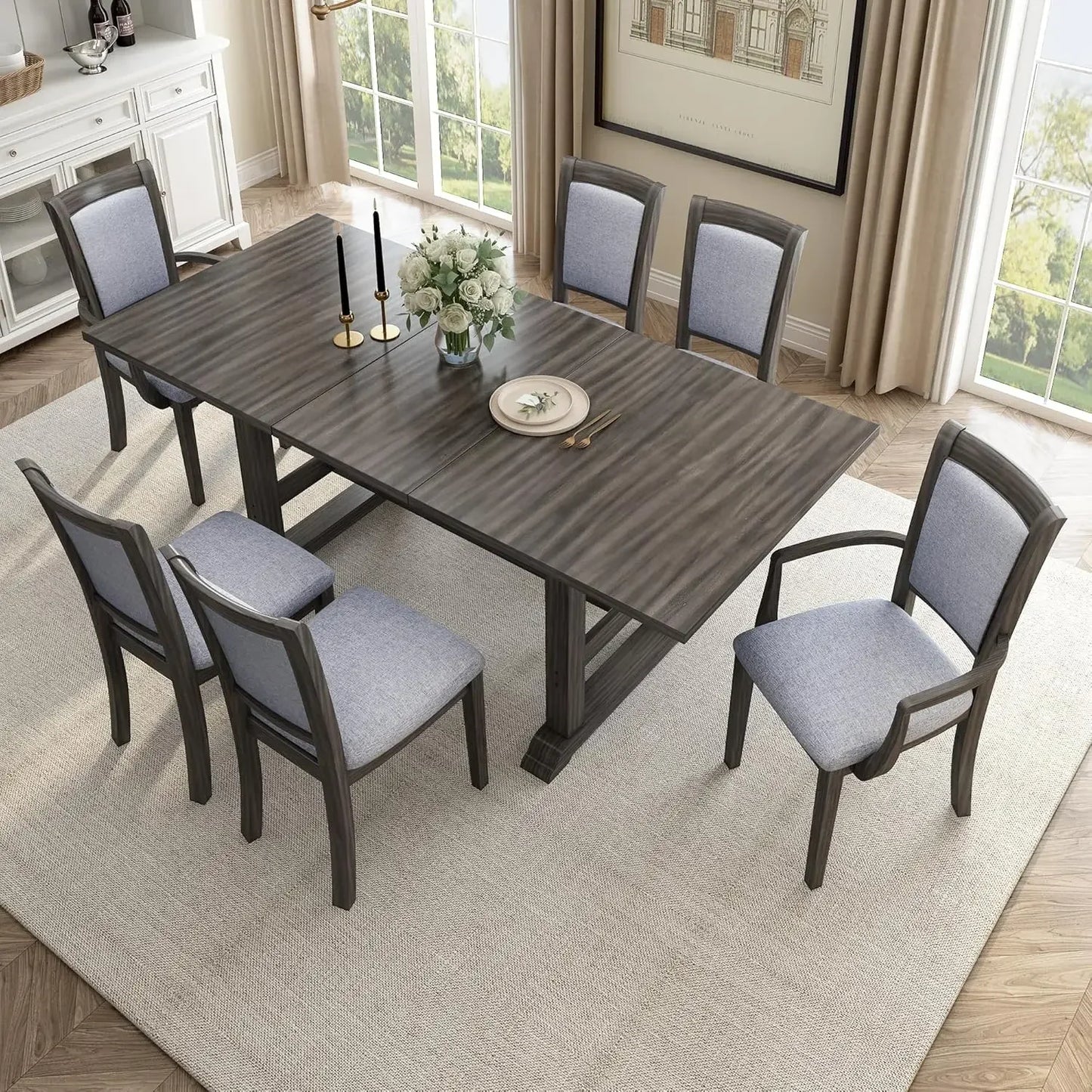 7-Piece Kitchen Dining Table Set for 6, Wood Kitchen Table and 6 Upholstered Chairs with Backrest