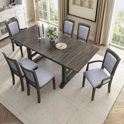 7-Piece Kitchen Dining Table Set for 6, Wood Kitchen Table and 6 Upholstered Chairs with Backrest
