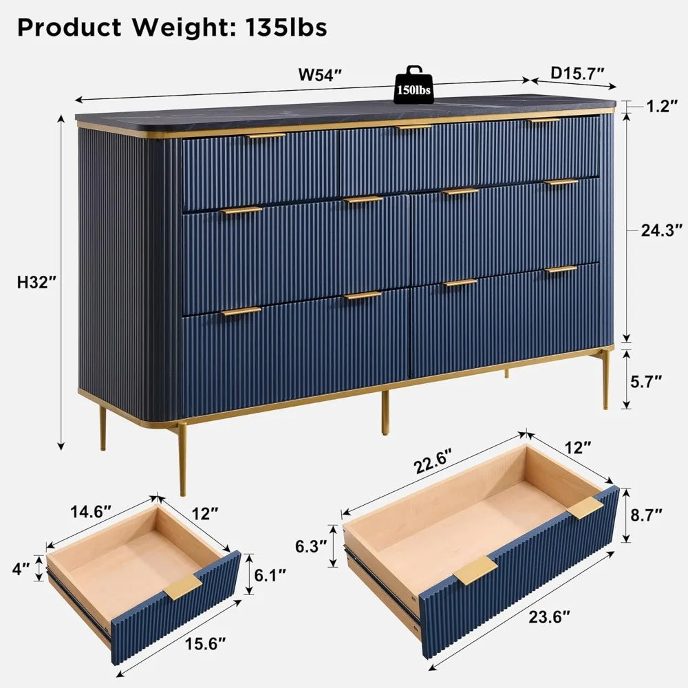 Fluted 7 Drawers Dresser for Bedroom, 54" Wide Modern Dresser TV Stand, Gold Accents, Fluted Fronts, Wood Storage Dressers
