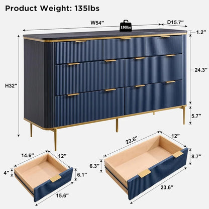 Fluted 7 Drawers Dresser for Bedroom, 54" Wide Modern Dresser TV Stand, Gold Accents, Fluted Fronts, Wood Storage Dressers