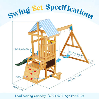 Wooden Swing Set with Dual Swings Slide Rock Climbing Wall Chalkboard Telescope Fort, Backyard Fun for Kids
