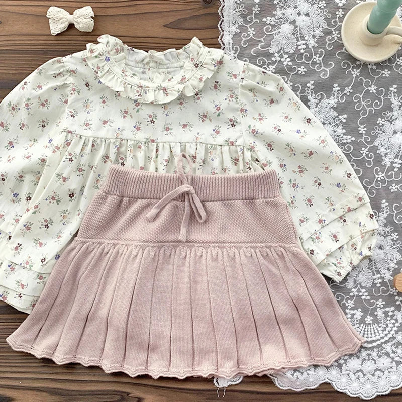 Spring Toddlers Girls Knitted Layered Skirts Ruffles Girls Pleated Skirts