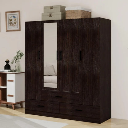 71" H Armoire Wardrobe, 3-Drawer & Shelved Bedroom Armoire with 4 Doors, Mirror & Hanging Rod.