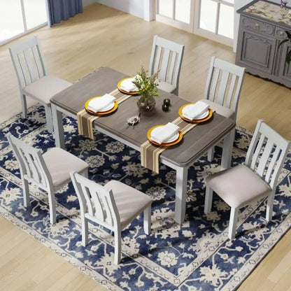 7-Piece Kitchen Dining Table Set for 6, Wood Kitchen Table and 6 Upholstered Chairs with Backrest