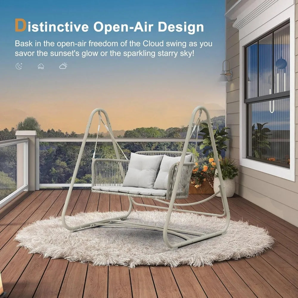 2-Seat Cloud Swing Chair with Stand, Patio Wicker Bench Glider Loveseat Hanging Swing