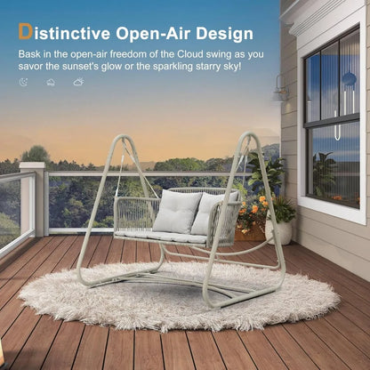 2-Seat Cloud Swing Chair with Stand, Patio Wicker Bench Glider Loveseat Hanging Swing