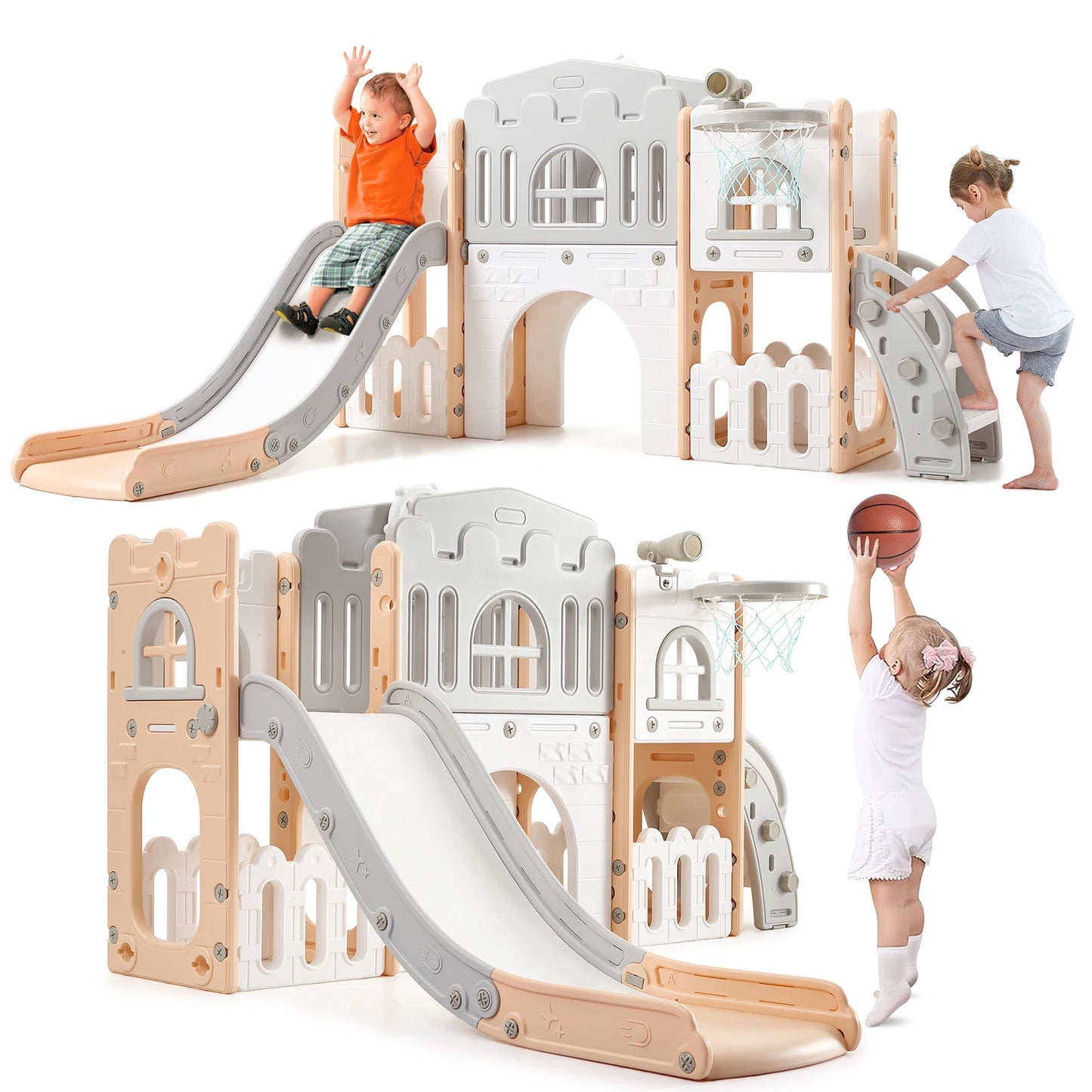 8 in 1 Indoor Kids Slide for Toddler 1-3,Indoor Playground with Slide,Basketball Hoop,Climber,TelescopeTunnel