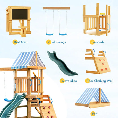Wooden Swing Set with Dual Swings Slide Rock Climbing Wall Chalkboard Telescope Fort, Backyard Fun for Kids