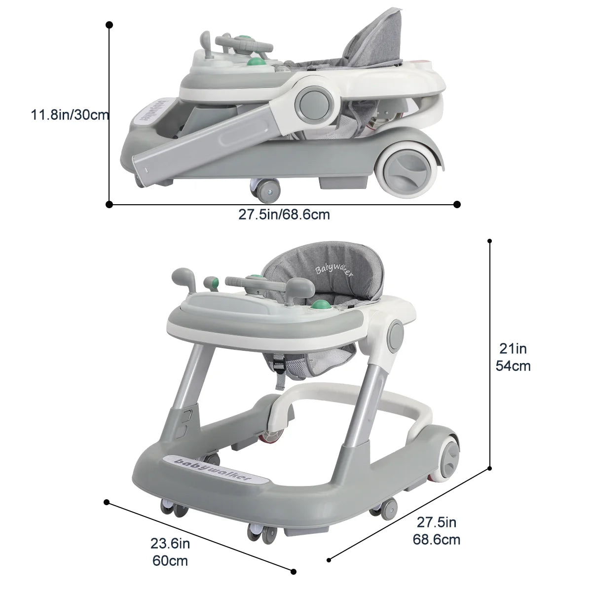 Push Walker with Detachable Feeding and Music Trays, Foldable Learning Toys, 2 In 1 Walker